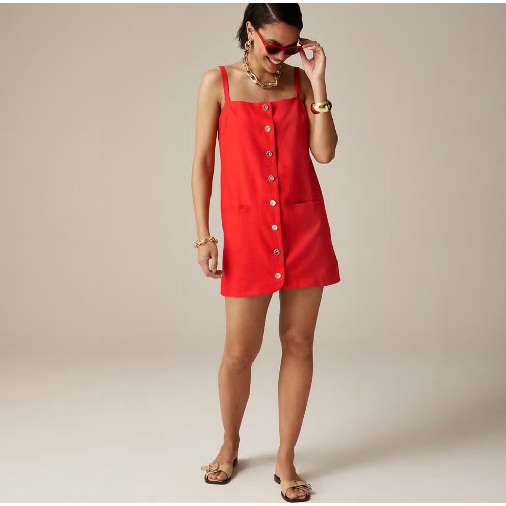 NEW J.Crew Claudia Red Linen‎ Gold Button Front Mini Dress Coastal Americana 3X
